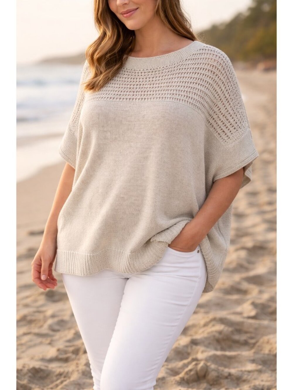 Max‎ Studio Oatmeal Boxy Sweater Open Stitch Linen Blend Size 2X Women's